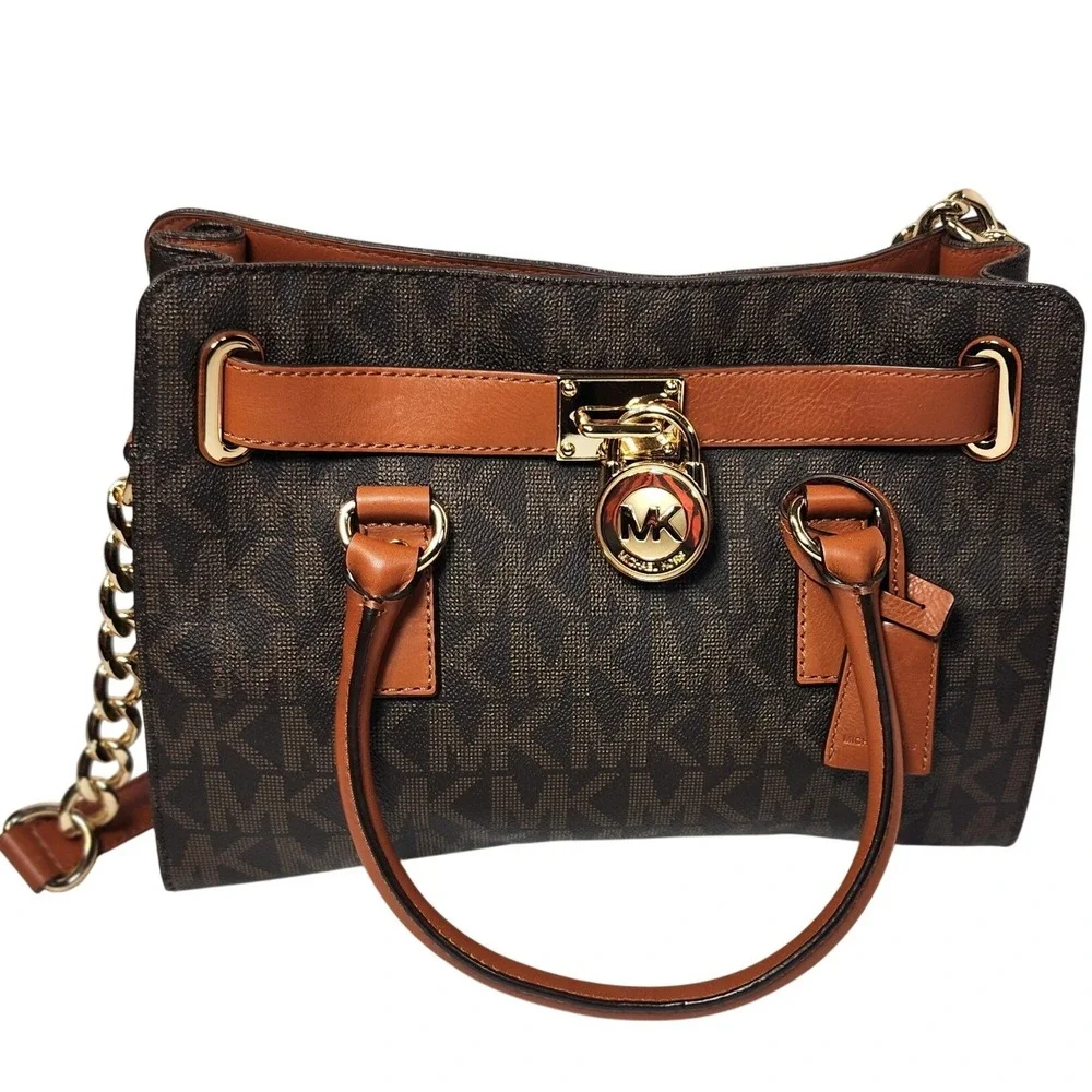Michael Kors Hamilton Satchel Brown Monogram Canvas Tan Leather Gold Padlock Bag